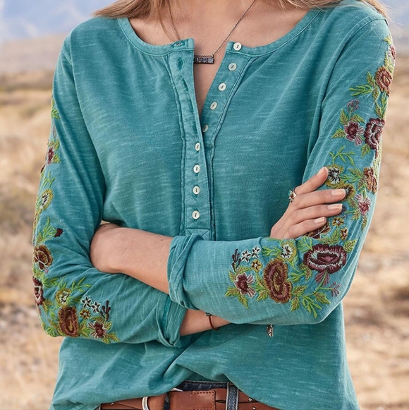 Sundance Tops - Sundance Teal Long Sleeve Embroidered Henley